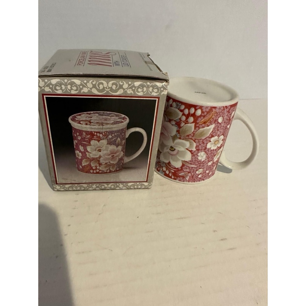 Floral Ceramic Mug with Lid Red White Pink Painted Decorated Drink Through